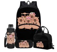 Jeiento Set di 4 zaini da scuola per ragazzi e ragazze, 43 cm, con borsa termica per il pranzo, portapenne, portabottiglie d'acqua, zaino da viaggio per bambini, Divertente Capibara Animale, Taglia