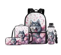 Jeiento Set di 4 zaini per la scuola per bambini con borsa per il pranzo e portapranzo, porta bottiglie d'acqua, Lupo, Taglia unica, Zaini Daypack