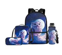 Jeiento Set di 4 zaini per la scuola per bambini con borsa per il pranzo e portapranzo, porta bottiglie d'acqua, Cielo stellato Moon Owl, Taglia unica, Zaini Daypack