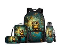 Jeiento Set di 4 zaini per la scuola per bambini con borsa per il pranzo e portapranzo, porta bottiglie d'acqua, Gufo, Taglia unica, Zaini Daypack