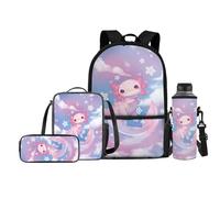 Jeiento Set di 4 zaini per la scuola per bambini con borsa per il pranzo e portapranzo, porta bottiglie d'acqua, Carino Axolotl, Taglia unica, Zaini Daypack