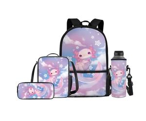 Jeiento Set di 4 zaini per la scuola per bambini con borsa per il pranzo e portapranzo, porta bottiglie d'acqua, Carino Axolotl, Taglia unica, Zaini Daypack