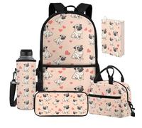 Jeiento Set di 5 astucci per la scuola per bambini, borsa termica per il pranzo, borsa per il pranzo, porta bottiglia d'acqua, Adorabile cane carlino, Taglia unica, Zaini Daypack