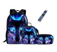 Jeiento Set di borse da scuola per ragazze e ragazzi, resistente all'acqua, zaino casual con borsa per il pranzo, astuccio e portachiavi da polso, 4 in 1, Lupo, L, Zaino casual