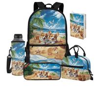 Jeiento Set di borse per la scuola per bambini dai 3 ai 12 anni, borsa per il pranzo o la penna, copertina morbida per libri e bottiglie d'acqua, Felice cane corgi sulla spiaggia, Taglia unica, Zaini