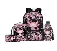 Jeiento Set di borse per la scuola per bambini, include borsa per il pranzo, porta bottiglia d'acqua, portapenne, borsa per libri per scuola primaria prescolare per ragazzi e ragazze, Axolotl ai fiori