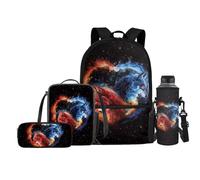 Jeiento Set di borse per la scuola per bambini, include borsa per il pranzo, porta bottiglia d'acqua, portapenne, borsa per libri per scuola primaria prescolare per ragazzi e ragazze, Fuoco Fiamme