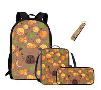 Jeiento Set di borse scolastiche per ragazze e ragazzi, zaino casual resistente all'acqua con borsa per il pranzo, astuccio e portachiavi da polso, 4 in 1, Capibara e Arancia, L, Zaino casual