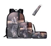 Jeiento Set di borse scolastiche per ragazze e ragazzi, zaino casual resistente all'acqua con borsa per il pranzo, astuccio e portachiavi da polso, 4 in 1, Gatto e tigre, Zaino daypack