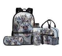 Jeiento Set di zaini per la scuola elementare per ragazzo e ragazza con porta bottiglia d'acqua borsa termica portapranzo astuccio 4 in 1, Husky Animale, Taglia unica, Zaini Daypack