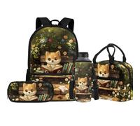 Jeiento Set di zaini per la scuola elementare per ragazzo e ragazza con porta bottiglia d'acqua borsa termica portapranzo astuccio 4 in 1, Adorabili gatti, Taglia unica, Zaini Daypack