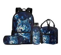 Jeiento Set di zaini per la scuola elementare per ragazzo e ragazza con porta bottiglia d'acqua borsa termica portapranzo astuccio 4 in 1, Galassia Blu Lupo Anim, Taglia unica, Zaini Daypack