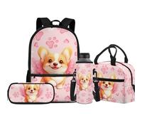 Jeiento Set di zaini per la scuola elementare per ragazzo e ragazza con porta bottiglia d'acqua borsa termica portapranzo astuccio 4 in 1, Cane Corgi Felice, Taglia unica, Zaini Daypack