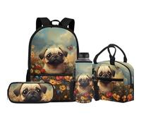 Jeiento Set di zaini per la scuola elementare per ragazzo e ragazza con porta bottiglia d'acqua borsa termica portapranzo astuccio 4 in 1, Pug Puppy, Taglia unica, Zaini Daypack