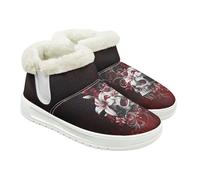 Jeiento Stivali da neve da donna con motivo a teschio, scarpe invernali alla caviglia, pantofole calde, scarpe da casa per esterni e interni, con fodera in pelliccia di peluche, Scheletro fiore rosso