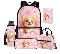 Jeiento Zaino da scuola per bambini e ragazzi, leggero, casual, con borsa portapranzo, custodia protettiva per libri, copertura per bottiglia d'acqua, Cane Corgi gallese felice, Taglia unica, Zaini