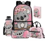Jeiento Zaino da scuola per bambini e ragazzi, leggero, casual, con borsa portapranzo, custodia protettiva per libri, copertura per bottiglia d'acqua, Cartone animato Koala, Taglia unica, Zaini