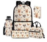 Jeiento Zaino da scuola per bambini e ragazzi, leggero, casual, con borsa portapranzo, custodia protettiva per libri, copertura per bottiglia d'acqua, Cucciolo e cane zampa, Taglia unica, Zaini