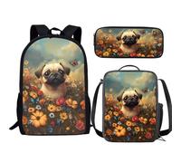 Jeiento Zaino per bambini 3 in 1 per ragazze e ragazzi isolato borsa per il pranzo astuccio per matite prescolare set di libri, Fiori Pug Dog, Taglia unica, Zaini Daypack