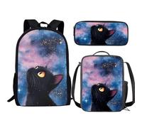 Jeiento Zaino per bambini 3 in 1 per ragazze e ragazzi isolato borsa per il pranzo astuccio per matite prescolare set di libri, Gattino Nero Galassia, Taglia unica, Zaini Daypack