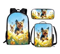 Jeiento Zaino per bambini 3 in 1 per ragazze e ragazzi isolato borsa per il pranzo astuccio per matite prescolare set di libri, Happy Yorkshire Terrier, Taglia unica, Zaini Daypack