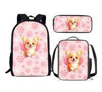 Jeiento Zaino per bambini 3 in 1 per ragazze e ragazzi isolato borsa per il pranzo astuccio per matite prescolare set di libri, Happy Corgi Dogs, Taglia unica, Zaini Daypack