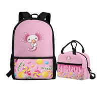 Jeiento Zaino per bambini con motivo animale, per bambini, ragazzi, ragazze, rientro a scuola, grande capacità, set di borsa per la scuola e borsa per il pranzo, Simpatico lecca-lecca e Axolotls