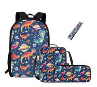 Jeiento Zaino scolastico per bambini con dinosauro, borsa per il pranzo, astuccio portachiavi, 4 pezzi, motivo: dinosauro, Dino, L, Zaino casual