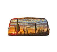 JEJEA Astuccio in pelle con stampa di cactus al tramonto nel deserto, astuccio per matite di grande capacità, astuccio per cancelleria e penne, borsa versatile per il trucco, Argento, Taglia unica,