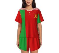 JEJEA Bandiera della Bielorussia stampa 2 Pezzi Womens Pigiama Set Con Tasche Signore Pjs Estate Sleepwear Set Girocollo Manica Corta, Nero , M