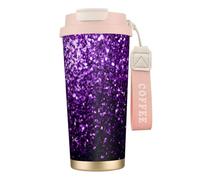 JEJEA Bella tazza termica in acciaio inox con stampa glitter viola, doppia parete, tazza da caffè da viaggio, per casa e ufficio