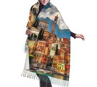 JEJEA Bellissimo scialle con frange in finto cashmere con stampa italiana, calda sciarpa invernale da donna, morbida e accogliente per il freddo