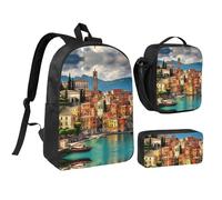JEJEA Bellissimo zaino con stampa italiana con portapranzo Pecnil Case Set 3 in 1, BookBags Lunchbag Matita Bag 43,2 cm per Viaggio, Nero , Taglia unica