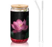 JEJEA Bicchieri di vetro a forma di fiore di loto con coperchi e cannucce in bambù, tazze da caffè, tazze a forma di lattina, bicchieri, cocktail, trasparenti