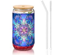 JEJEA Bicchieri in vetro a forma di fiore di loto bohémien con coperchi e cannucce in bambù, tazze da caffè, tazze a forma di lattina, bicchieri, cocktail, trasparenti