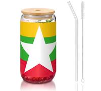 JEJEA Bicchieri in vetro con coperchio e cannucce in bambù, con bandiera del Myanmar, tazze da caffè, tazze a forma di lattina, bicchieri, cocktail, trasparenti