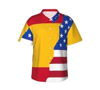 JEJEA Camicia hawaiana con stampa bandiera della Spagna americana da uomo, a maniche corte, con bottoni, camicie estive da spiaggia, top cubano casual, Nero , 3XL