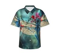 JEJEA Camicia hawaiana con stampa libellula sul fiore da uomo, a maniche corte, con bottoni, camicie estive da spiaggia, top cubano casual, Nero , XL