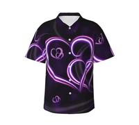 JEJEA Camicia hawaiana da uomo con stampa di cuori viola, alla moda, a maniche corte, con bottoni, camicie estive da spiaggia, top cubano casual, Nero , M