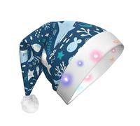 JEJEA Carino Blu Pesce Stampa Cappello di Babbo Natale Adulto Led, Cappello di Natale Con Luci Per Le Donne E Gli Uomini Rifornimenti Del