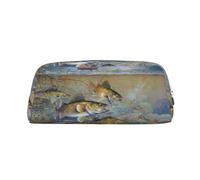JEJEA Custodia in pelle con stampa di pescatori sul lago, astuccio per matite di grande capacità, borsa per penne per cancelleria, borsa versatile per il trucco, Argento, Taglia unica, Beauty case