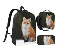 JEJEA Divertente zaino con stampa di volpe con portapranzo Pecnil Case Set 3 in 1, borsa per il pranzo, borsa portapranzo da 43,2 cm per viaggi, Nero , Taglia unica