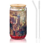 JEJEA Hong Kong, tazze in vetro con coperchi e cannucce in bambù, tazze da caffè, tazze a forma di lattina, bicchieri, cocktail, trasparenti