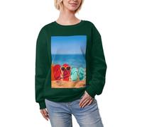 JEJEA Infradito Su Una Spiaggia Di Sabbia Stampa Inverno In Pile Foderato Caldo Casual Tops, Donna Oversize Manica Lunga Pullover Felpa Moda, Verde scuro, L