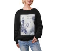JEJEA Maglia invernale con stampa di bussola nautica a vela foderata in pile caldo casual, da donna, oversize a maniche lunghe, felpa alla moda, Nero , M