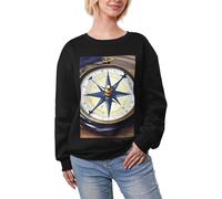 JEJEA Maglia invernale con stampa di bussola nautica a vela foderata in pile caldo casual, da donna, oversize a maniche lunghe, felpa alla moda, Nero , XS