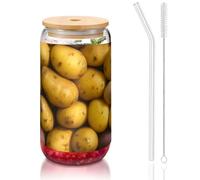JEJEA Molti bicchieri di vetro per patate con coperchi e cannucce in bambù, tazze da caffè, tazze a forma di lattina, bicchieri, cocktail, trasparenti