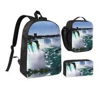 JEJEA Niagara - Zaino con stampa autunnale con portapranzo, set 3 in 1, borsa per libri, borsa per il pranzo, astuccio portapranzo da 43,2 cm, per viaggi, Nero , Taglia unica