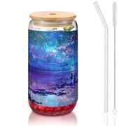 JEJEA Northern Lights - Tazze in vetro con coperchi e cannucce in bambù, per caffè, tazze a forma di lattina, bicchieri, cocktail, trasparenti