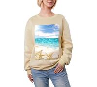 JEJEA Ocean Beach Stampa Inverno Pile Foderato Caldo Casual Tops, Oversize Manica Lunga Pullover Felpa Moda Donna, Albicocca, XL